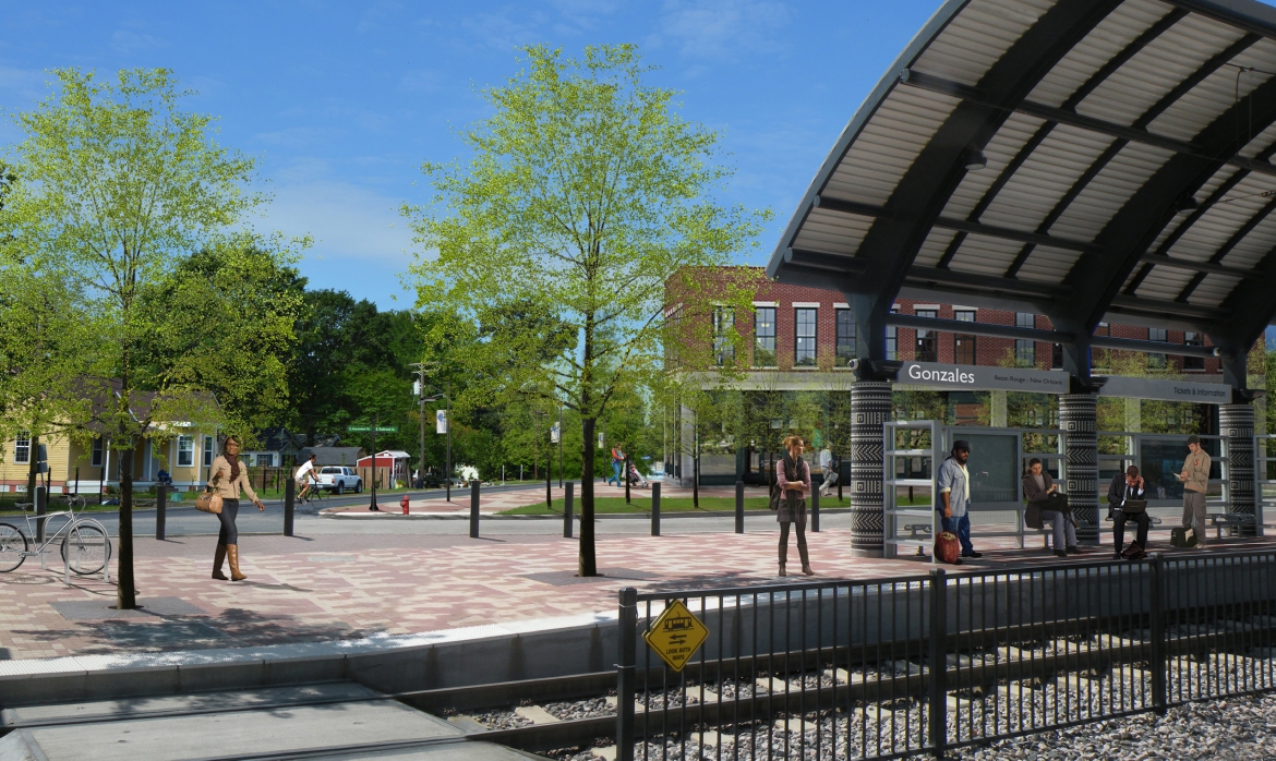 Rendering of station platform for the Baton Rouge to New Orleans railway