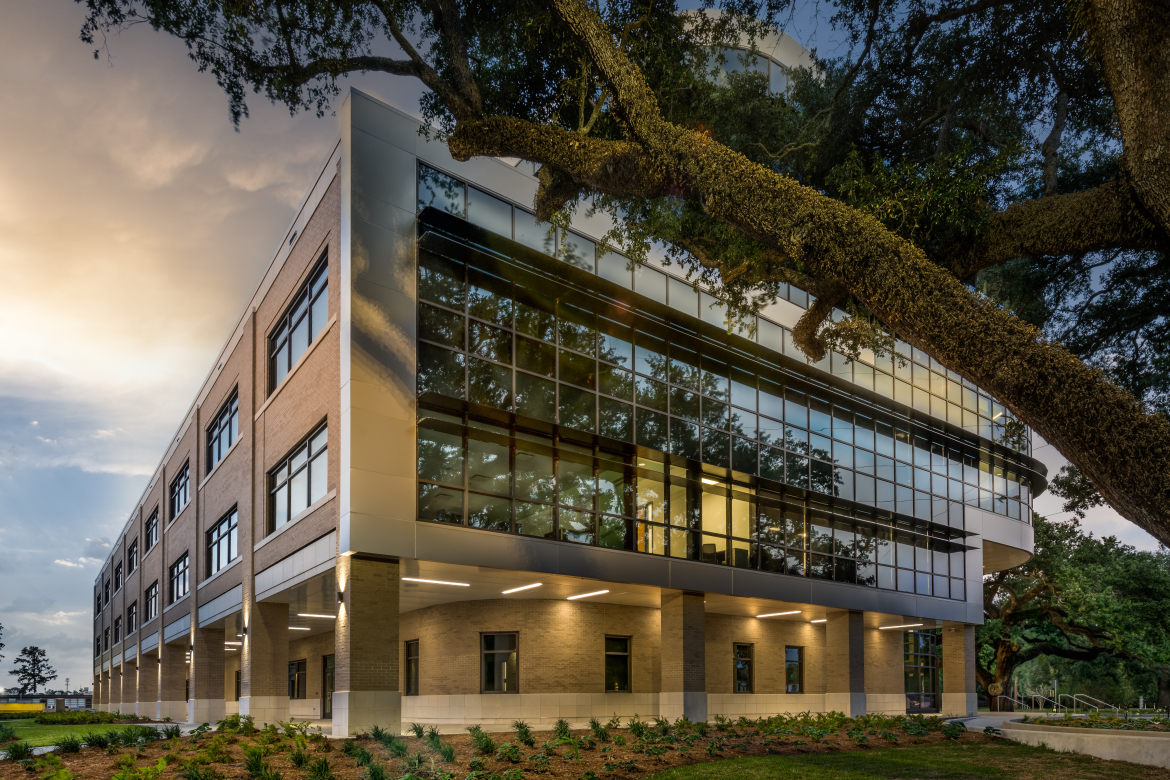 Exterior of building at dusk.